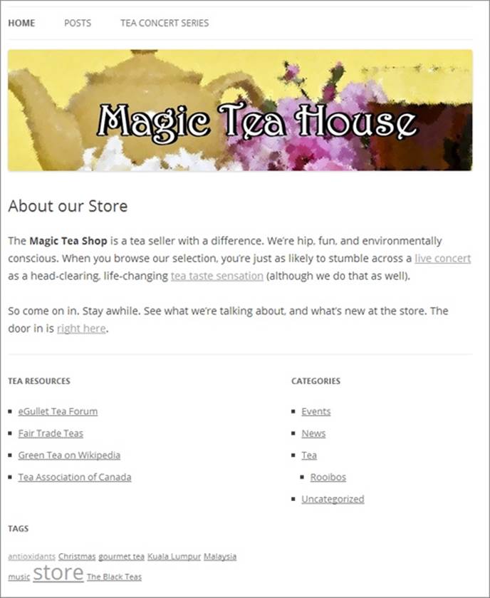 This version of the Magic Tea House home page uses the Front Page template on the Twenty Twelve theme, which gives the page a two-column footer of sidebar widgets.