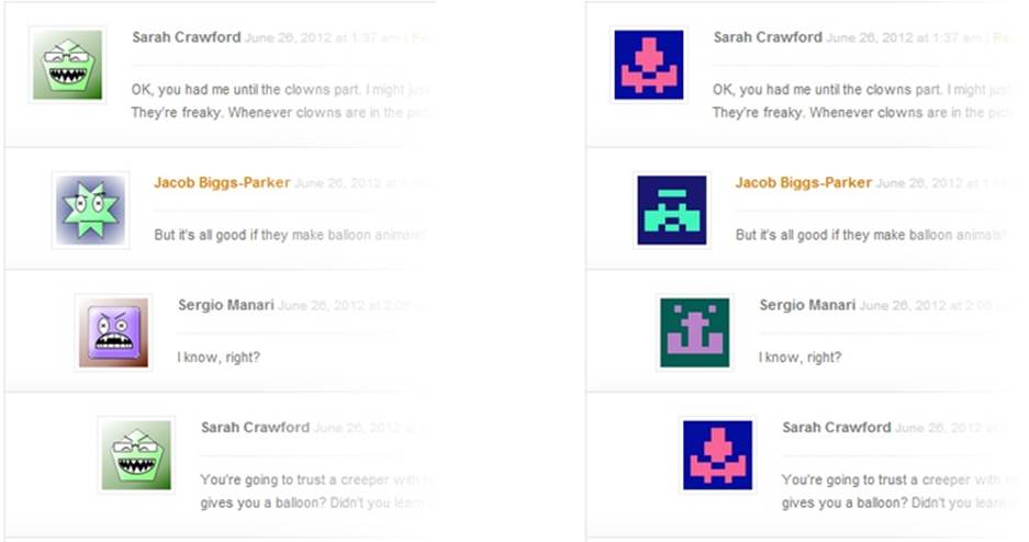 Algorithmically generated gravatars add some fun to your site, even if your readers don’t have real profile pictures. Here are two examples: Wavatar (left) and Retro (right). Notice that Sarah Crawford’s gravatar remains consistent for both her comments.