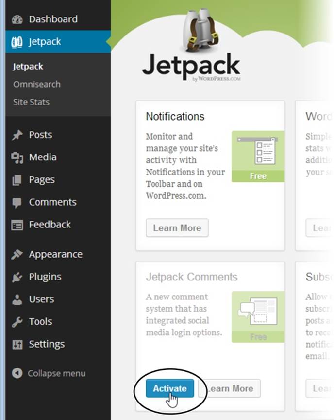 A self-hosted site doesn’t get Jetpack comments unless you install the plug-in and specifically opt in by clicking the Activate button shown here. To turn Jetpack comments off, you need to return to this box, click Learn More, and then click Deactivate.