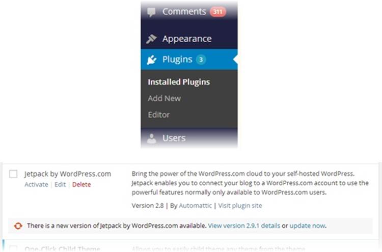 Top: WordPress wants you to know that your site has three out-of-date plug-ins.Bottom: When WordPress finds an update for a plug-in, it displays an “update now” link under it on the Plugins page.