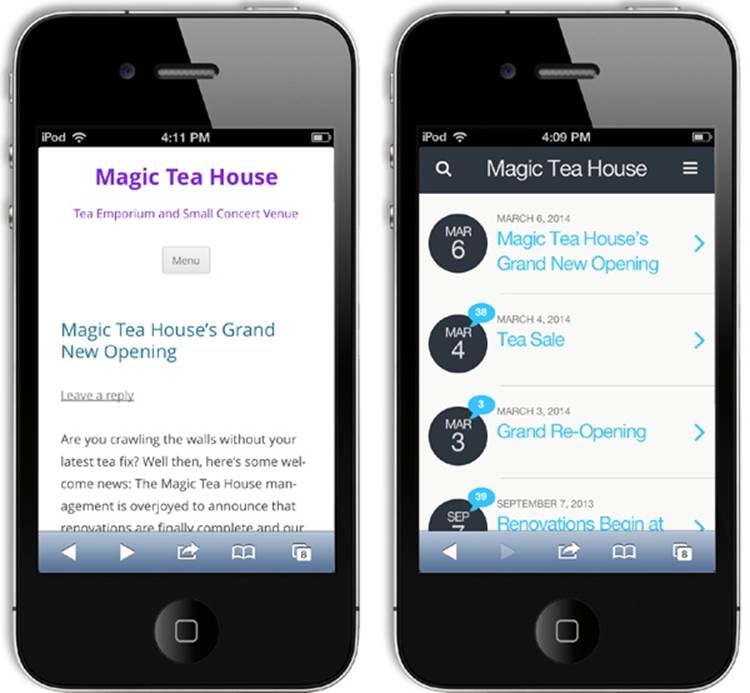 Left: Although Twenty Twelve is a responsive theme, it’s not a perfect match for mobile devices. For one thing, the post list on the home page includes the whole text of every post, which makes for a lot of scrolling.Right: WPtouch’s mobile theme keeps the list of posts simple, highlighting the title, date, and number of comments, but leaving the content out.