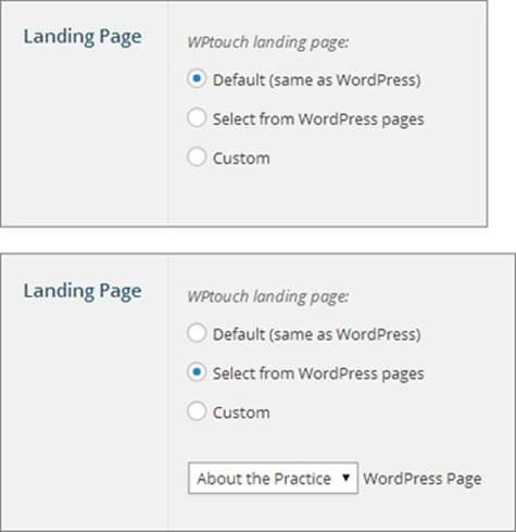 Top: Right now, the WPtouch home page uses WordPress’s “Front page displays” setting to decide what to put on the main page of your mobile site.Bottom: If that’s not what you want, choose “Select from WordPress pages” and pick a different front page for the mobile version of your site.