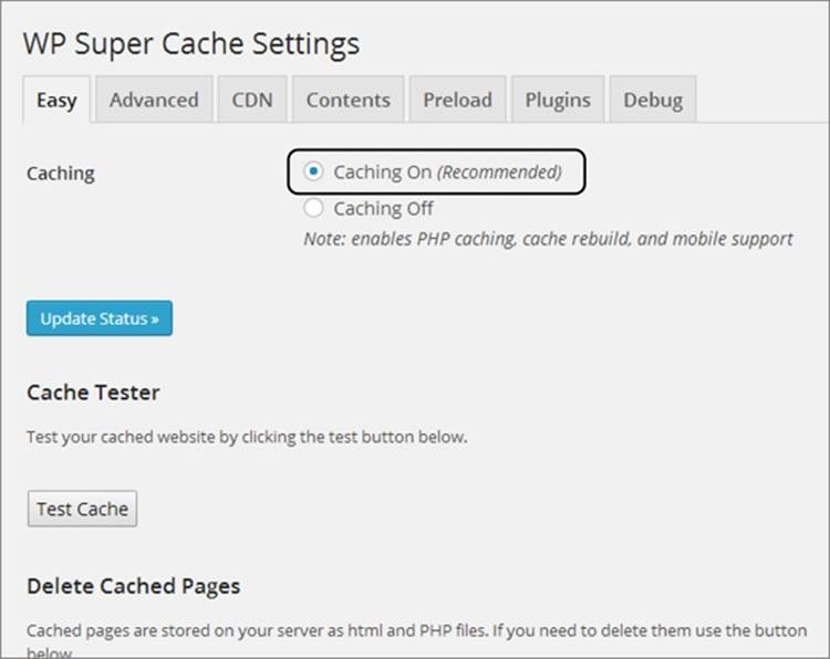 WP Super Cache packs in a pile of settings, but the most important is the Caching On option shown here—unless you turn it on, WP Super Cache sits idle.
