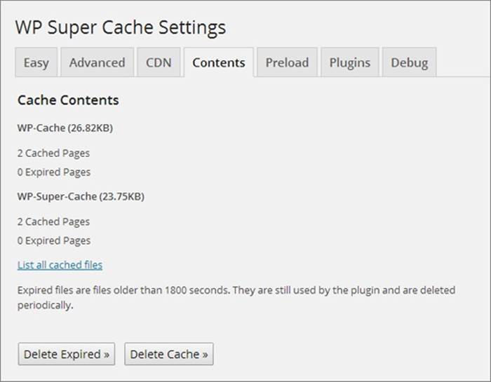 This site currently has four cached pages. To see them, click the “List all cached files” link. You can also use the Delete Cache button to discard every cached page, which is important when you test WP Super Cache or if you change the design of your site.