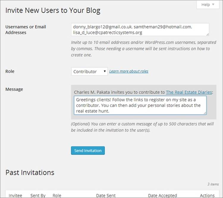 WordPress will send this invitation to three people, offering them the chance to become site contributors.