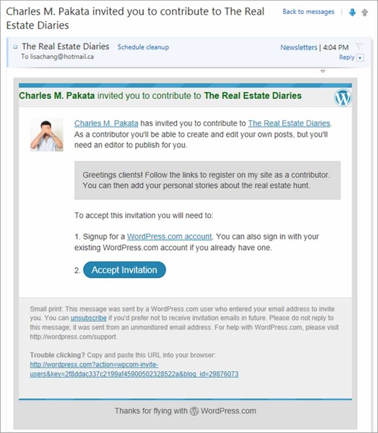 Here, site owner Charles Pakata invites Lisa Chang to contribute to his WordPress site, “The Real Estate Diaries.” If Chang clicks Accept Invitation, WordPress prompts her to sign in with her WordPress.com account (or to create an account if she doesn’t have one). She can then accept the invitation and become a contributor.