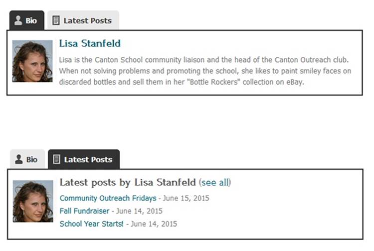 If you use the Fancier Author Box plug-in, you get two tabs of author information at the bottom of every post. The first has the author’s bio (top), while the second lists the author’s most recent posts (bottom).