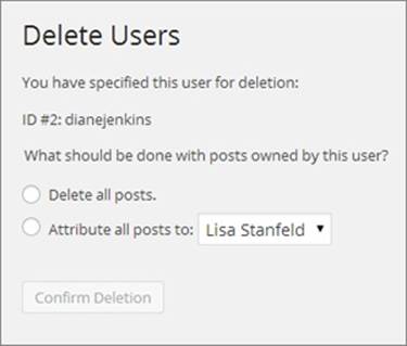 When you delete an author from a self-hosted site, WordPress asks you what to do with her posts. (If you have a last-minute change of heart, click somewhere else in the dashboard, and WordPress abandons the delete operation.)