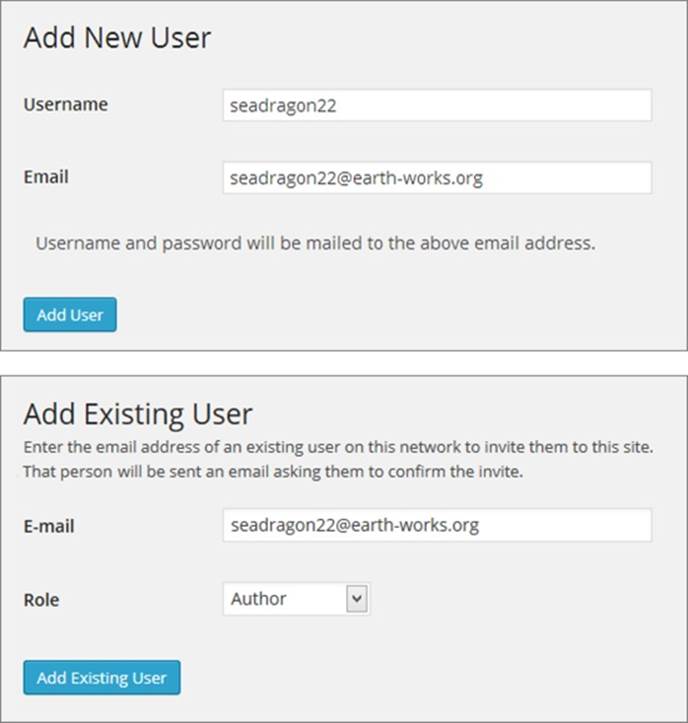 Ordinarily, only network administrators can create new accounts (top) while site administrators can register existing users on their sites, and assign them the appropriate WordPress role (bottom).