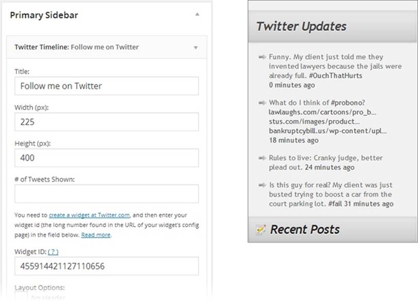 If you configure the Twitter widget like the one on the left, your readers will see a Twitter feed like the one on the right. In the feed, each tweet becomes a link that, if clicked, takes readers to Twitter to read the whole conversation.