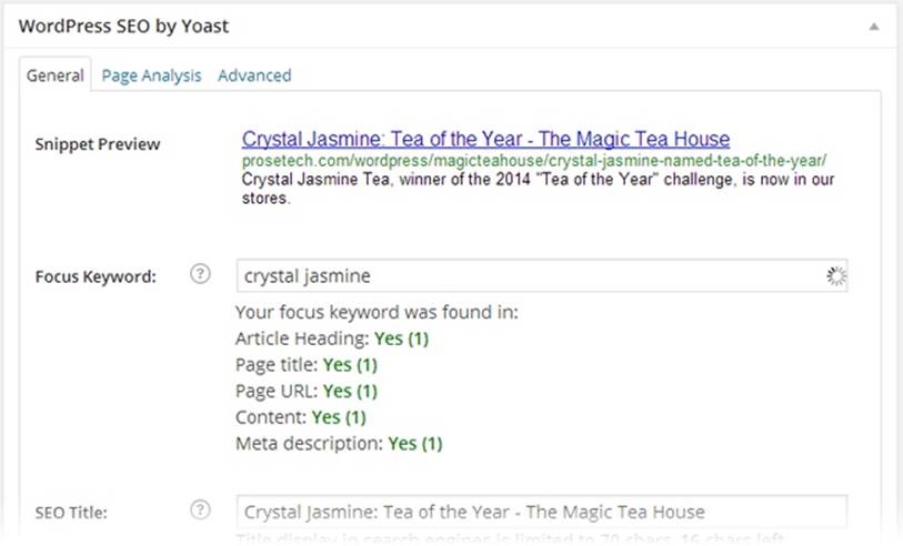 Because you included the keywords “crystal jasmine” in the heading of your post, the title of your page, the permalink, the actual post content, and your meta description for the page, you increase the odds that a visitor searching for these words will find your page. Of course, all these efforts are for naught if you haven’t written a decent post.