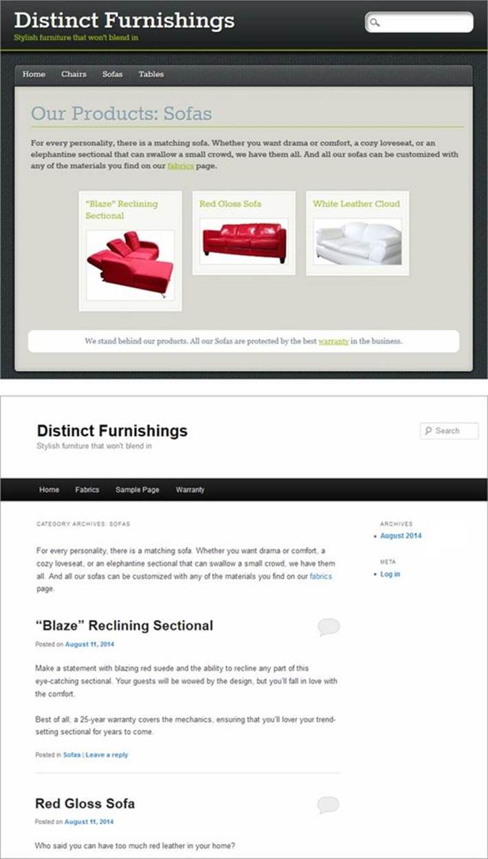 Top: Not many clues tell you that WordPress’s blogging engine powers this ecommerce store.Bottom: Here’s the same site, without a custom theme. It still functions (more or less), but it feels like a blog.
