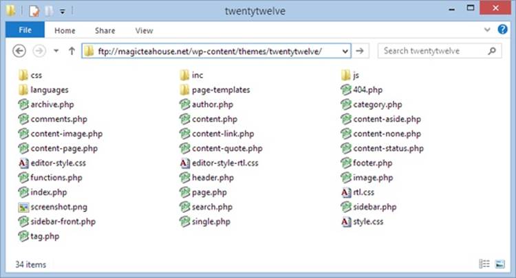 Here’s a look inside the Twenty Twelve theme folder on your web server, opened in Windows Explorer through an FTP connection. If you’re handy with an FTP program, you can add and remove theme folders without firing up WordPress’s dashboard.