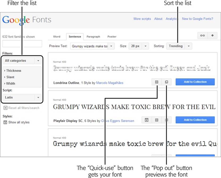 To find just the right typeface for your site, you can sort and filter Google’s font list. For example, you can see the most popular fonts first, and you can filter for just serif, sans-serif, or handwritten (cursive) fonts.