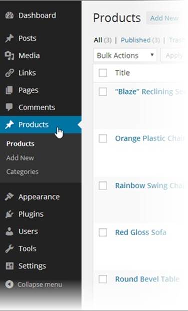 Every custom post type gets a separate slot in your dashboard menu. In this example, you can click Products to create a new product post or to review the ones you’ve published.