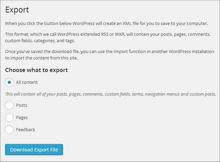 WordPress.com’s “All content” option exports every exportable piece of site data: posts, pages, and comments.