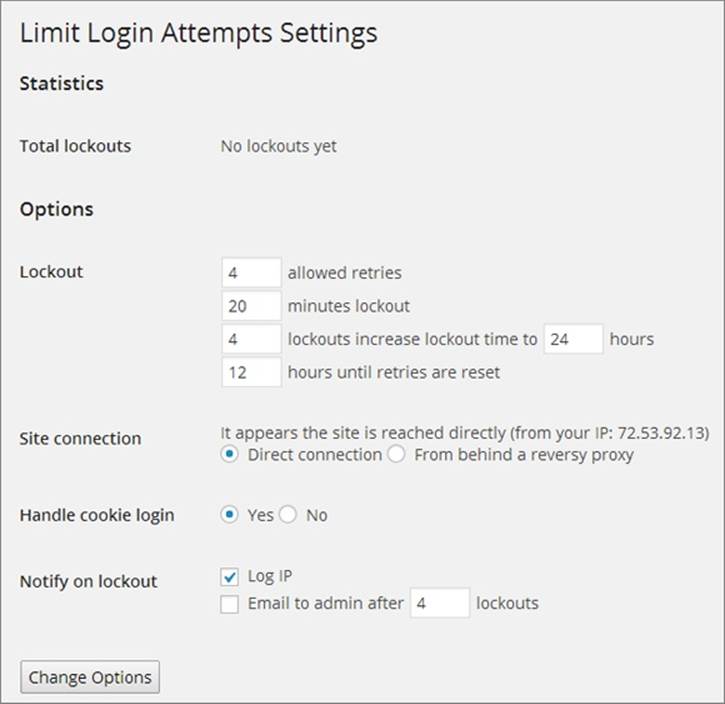 The Limit Login Attempts plug-in lets you set how many consecutive failed logins you allow before the lockout applies (four is typical), how long the lockout should last (20 minutes to start), and whether the plug-in should notify you (by email) about the attempted incursion.