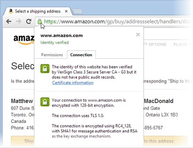 Here, the padlock vouches for Amazon’s security. Click it and you get a pop-up balloon that describes your secure connection and identifies Amazon’s security certificate and the authority that issued it (VeriSign).