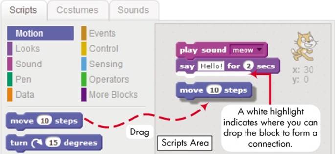 Drag blocks into the Scripts Area and snap them together to create scripts.