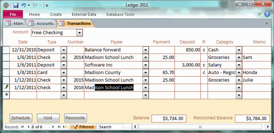 Screen shot of Ledger 2011, a financial application that uses predictive user input.