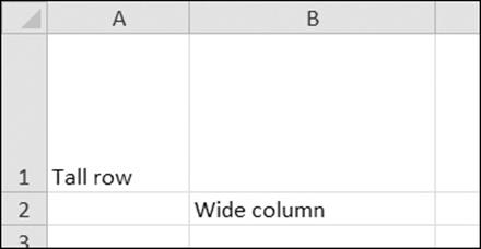 Row 1 and column B set to larger heights and widths