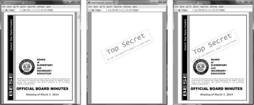 The original PDF (left), the watermark PDF (center), and the merged PDF (right)