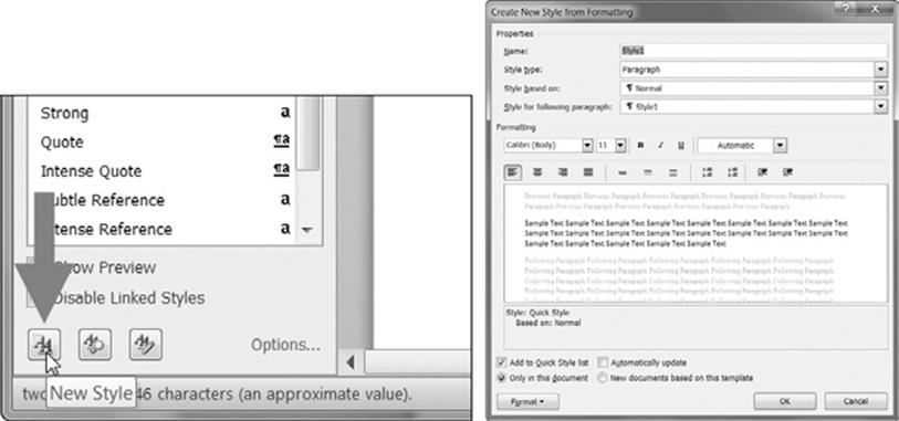 The New Style button (left) and the Create New Style from Formatting dialog (right)