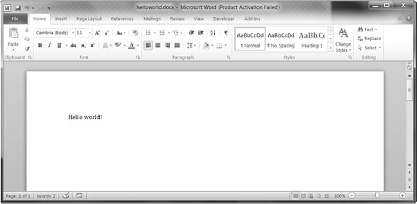 The Word document created using add_paragraph('Hello world!')