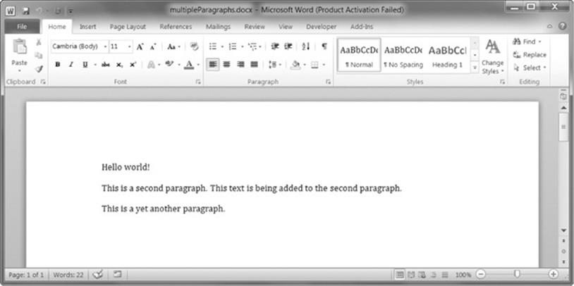 The document with multiple Paragraph and Run objects added