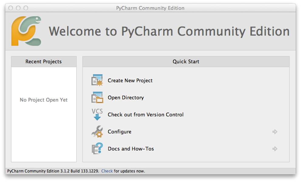 Startup screen for PyCharm