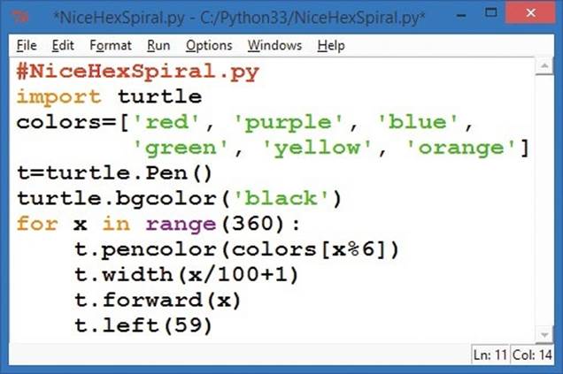 NiceHexSpiral.py, a short Python program that draws the spiral in