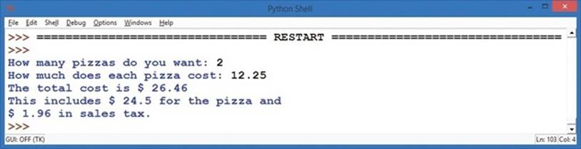 A sample run of our AtlantaPizza.py pizza calculator program