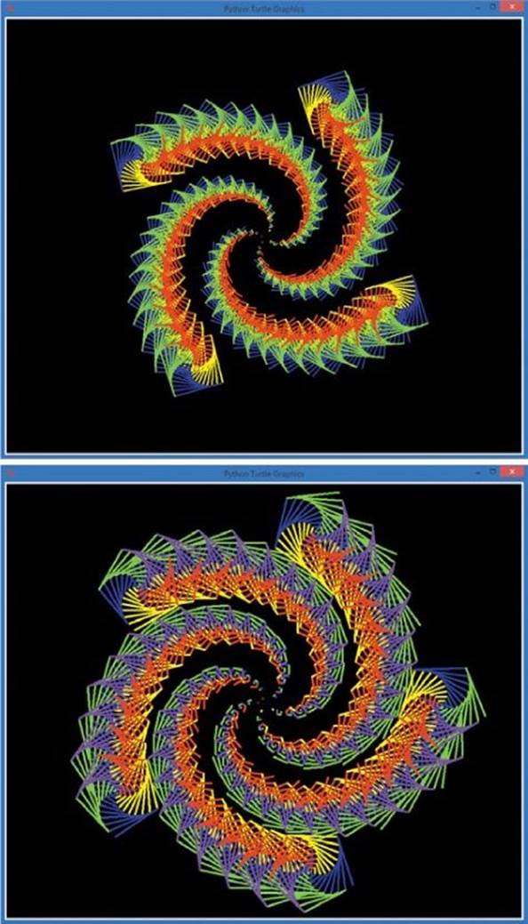 A square spiral with square spirals at every corner (top) and a five-sided (pentagonal) spiral of spirals (bottom) from our ViralSpiral.py program