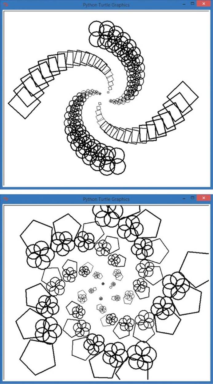 Two runs of our RosettesAndPolygons.py program with user inputs of 4 sides (top) and 5 sides (bottom)