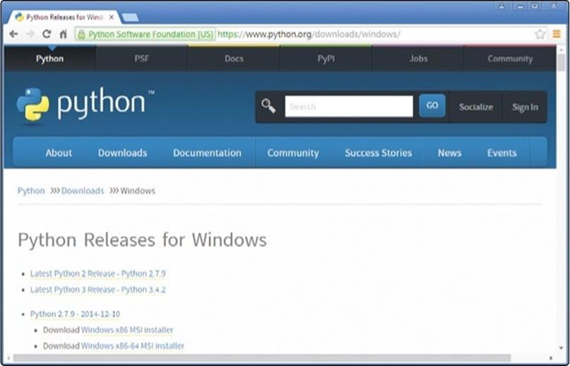 The Python downloads page for Windows