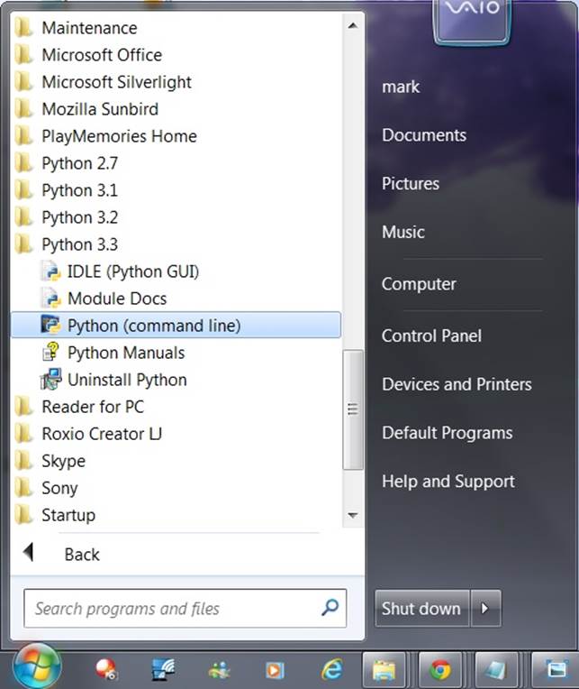 When installed on Windows 7 and earlier, this is how Python shows up in your Start button menu. This can vary across releases, but IDLE starts a development GUI, and Python starts a simple interactive session. Also here are the standard manuals and the PyDoc documentation engine (Module Docs). See and for pointers on Windows 8 and other platforms.