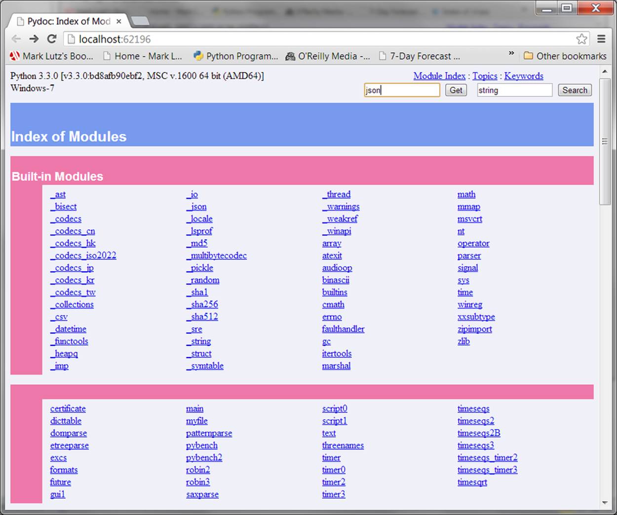 The top-level index start page of the all-browser PyDoc HTML interface in Python 3.2 and later, which as of 3.3 replaces the former GUI client in earlier Pythons.