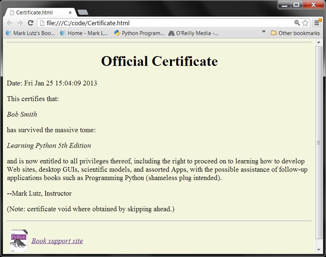Web page created and opened by certificate.py.