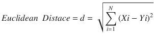 $$ Euclidean\kern0.5em Distace= d=\sqrt{{\displaystyle \sum_{i=1}^N{\left( Xi- Yi\right)}^2}} $$