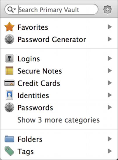 **Figure 2:** 1Password mini shows all the categories you set up in the main 1Password app, plus a search field and password generator. (If you have items in more than six categories, click Show _X_ More Categories to expand the display.)