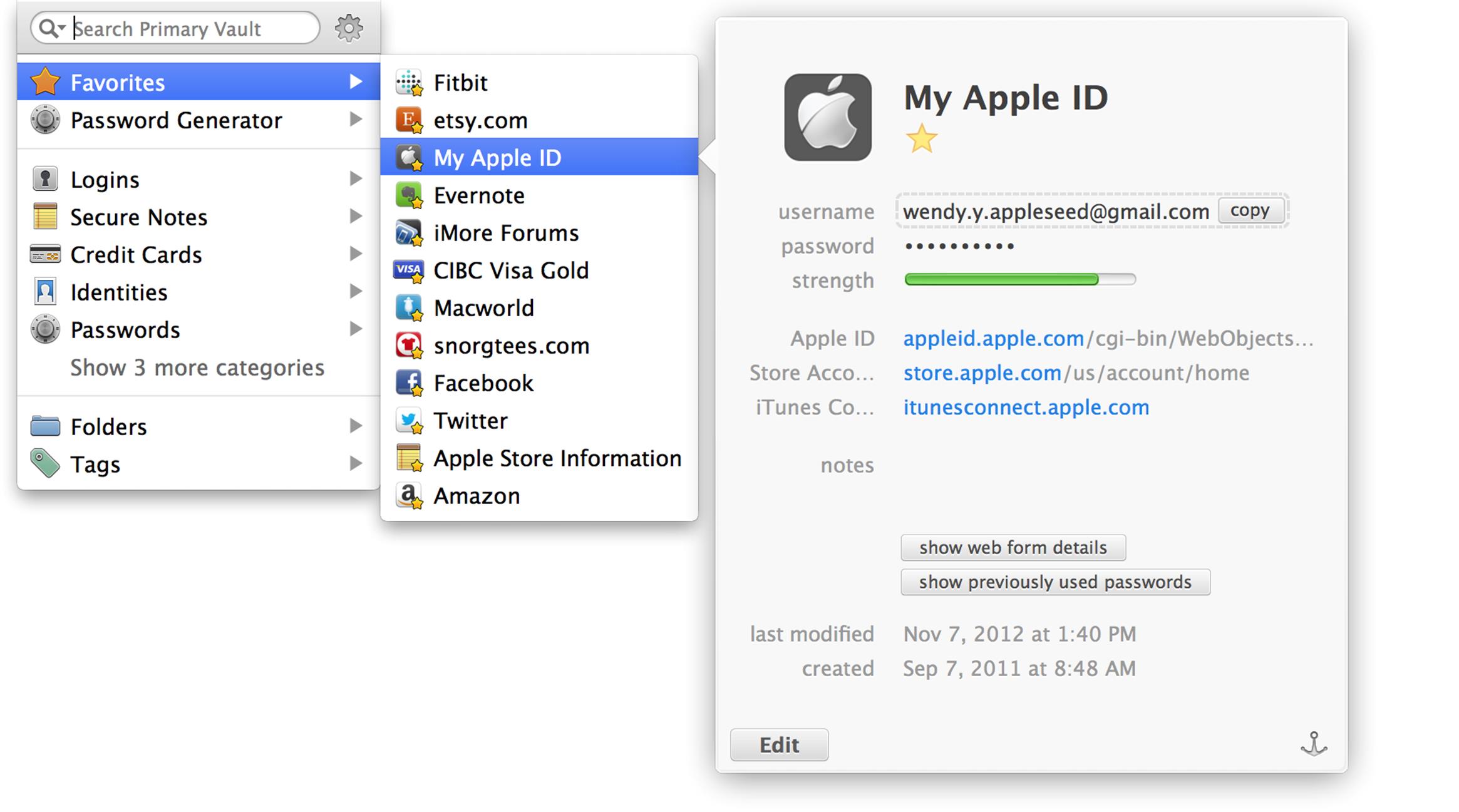 **Figure 3:** An individual login selected in 1Password mini. Click the anchor icon in the lower right of the item’s display to make it stay on screen as a separate window.