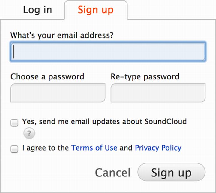 **Figure 5:** An example sign-up form (again, for the SoundCloud site).