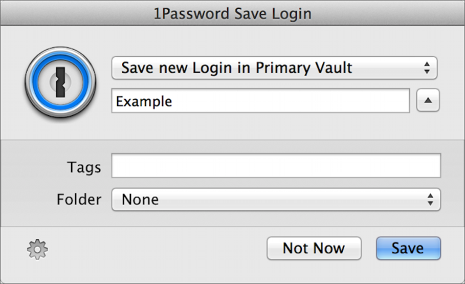 **Figure 6:** When you submit a login form on a site that’s not already stored in 1Password, the Save Login dialog prompts you to save your credentials. Clicking Save is virtually always the right choice here, and everything else is optional.