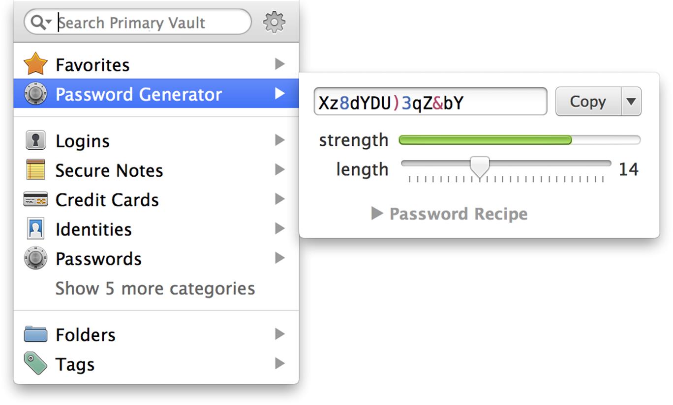 **Figure 12:** The password generator in 1Password mini on a Mac. Notice that the button says Fill if you’re in a Web browser, but Copy (as shown here) if you’re not.