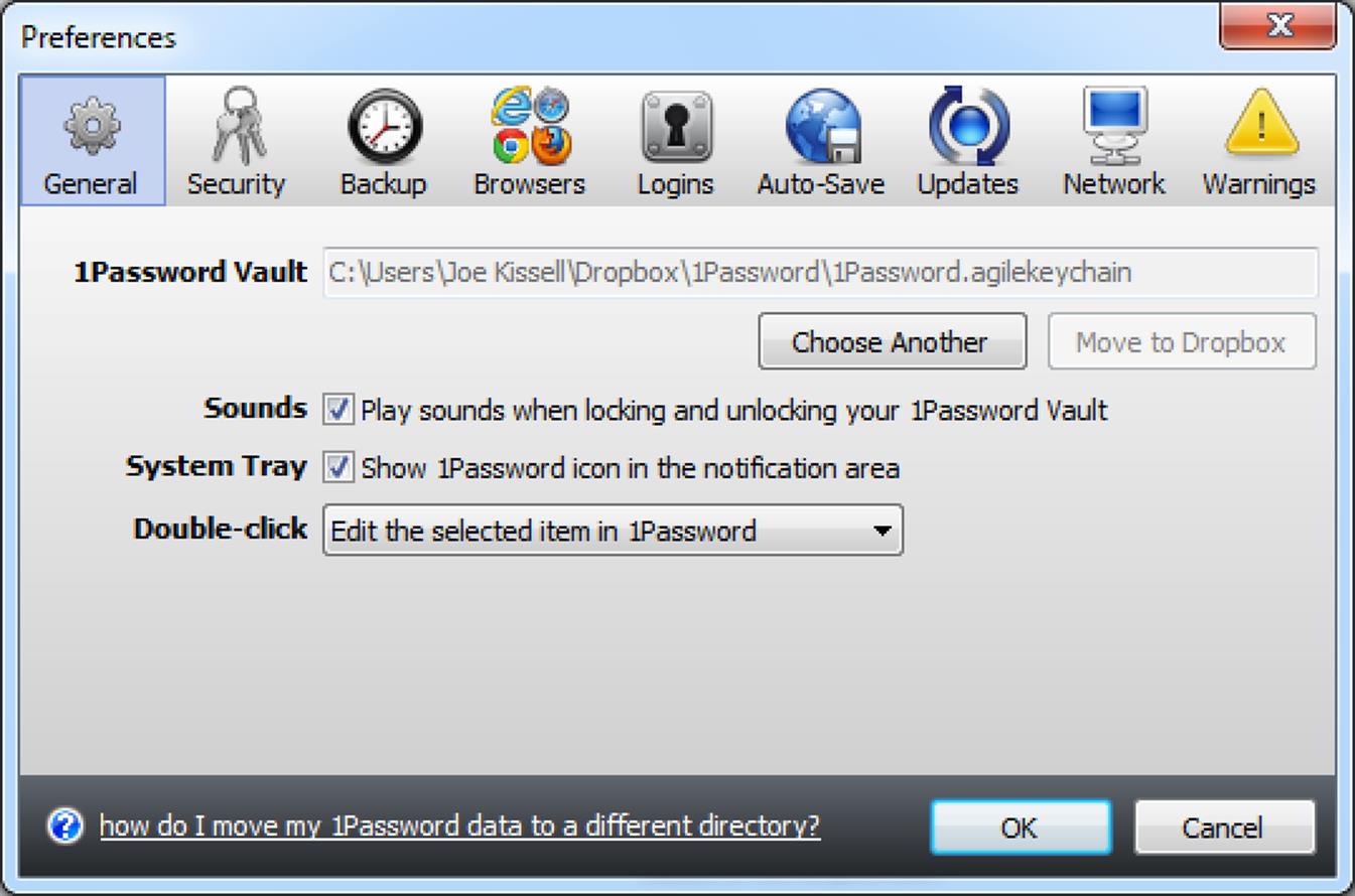 **Figure 9:** The 1Password Vault field shows where your data file is currently stored.