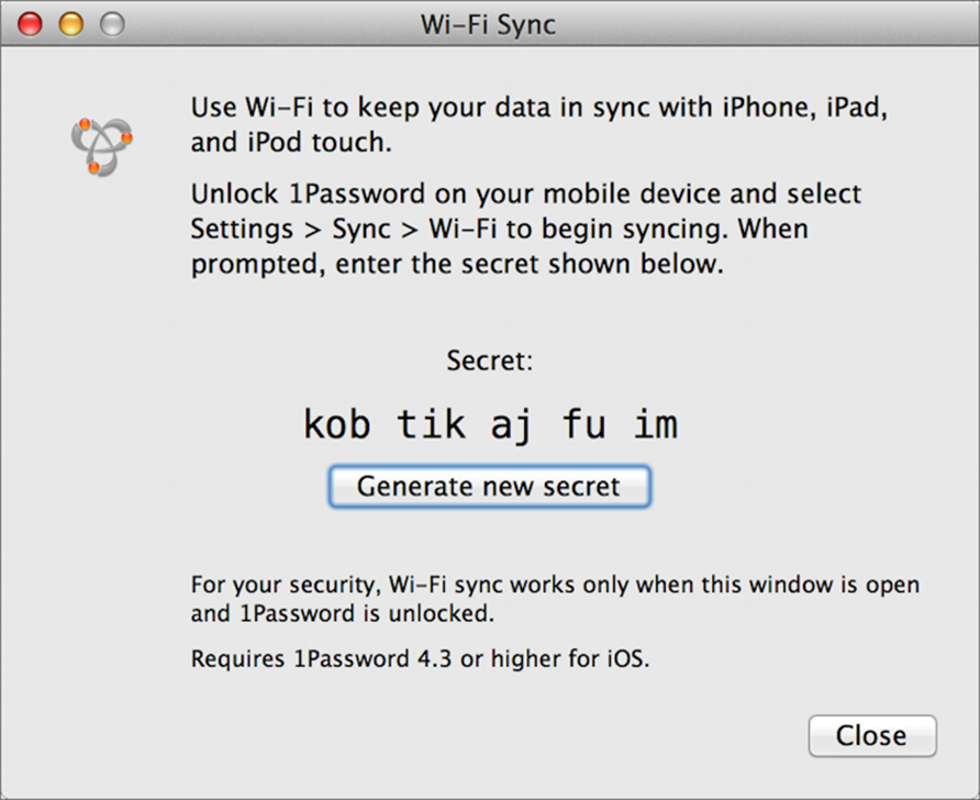 **Figure 10:** The Wi-Fi sync window displays a code you must enter on your iOS device.