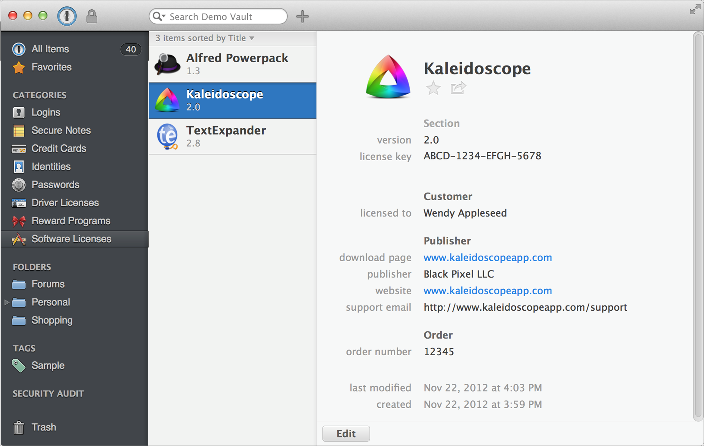 **Figure 18:** 1Password can store software licenses, complete with icons, for all your favorite apps.