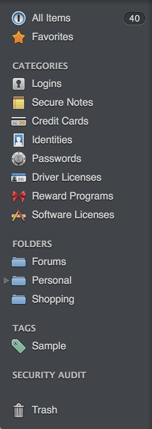 **Figure 20:** The sidebar in 1Password for Mac. (The Windows version is a bit different.)