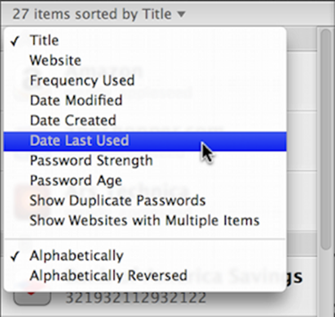 **Figure 22:** The subtle Sort Order pop-up menu (shown here as it appears for Logins) has lots of useful sorting options.