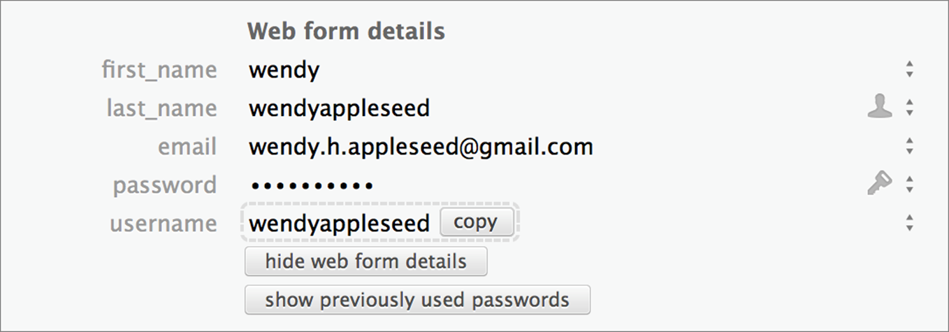**Figure 27:** Click the Show Web Form Details button to see what form fields and values 1Password stored.